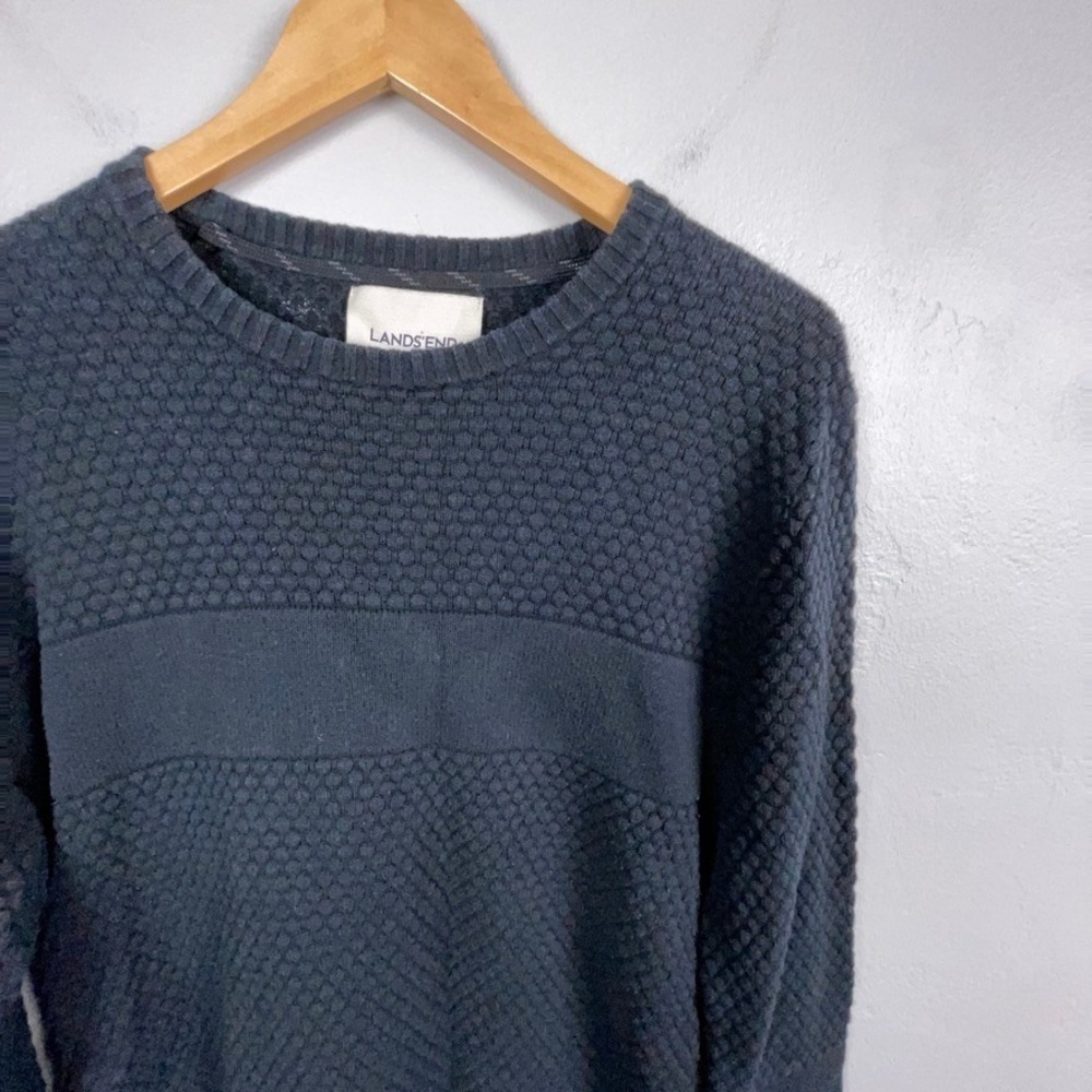Lands End Sweater Women Large Black Cotton Merino Wool Textured Sphere Knit